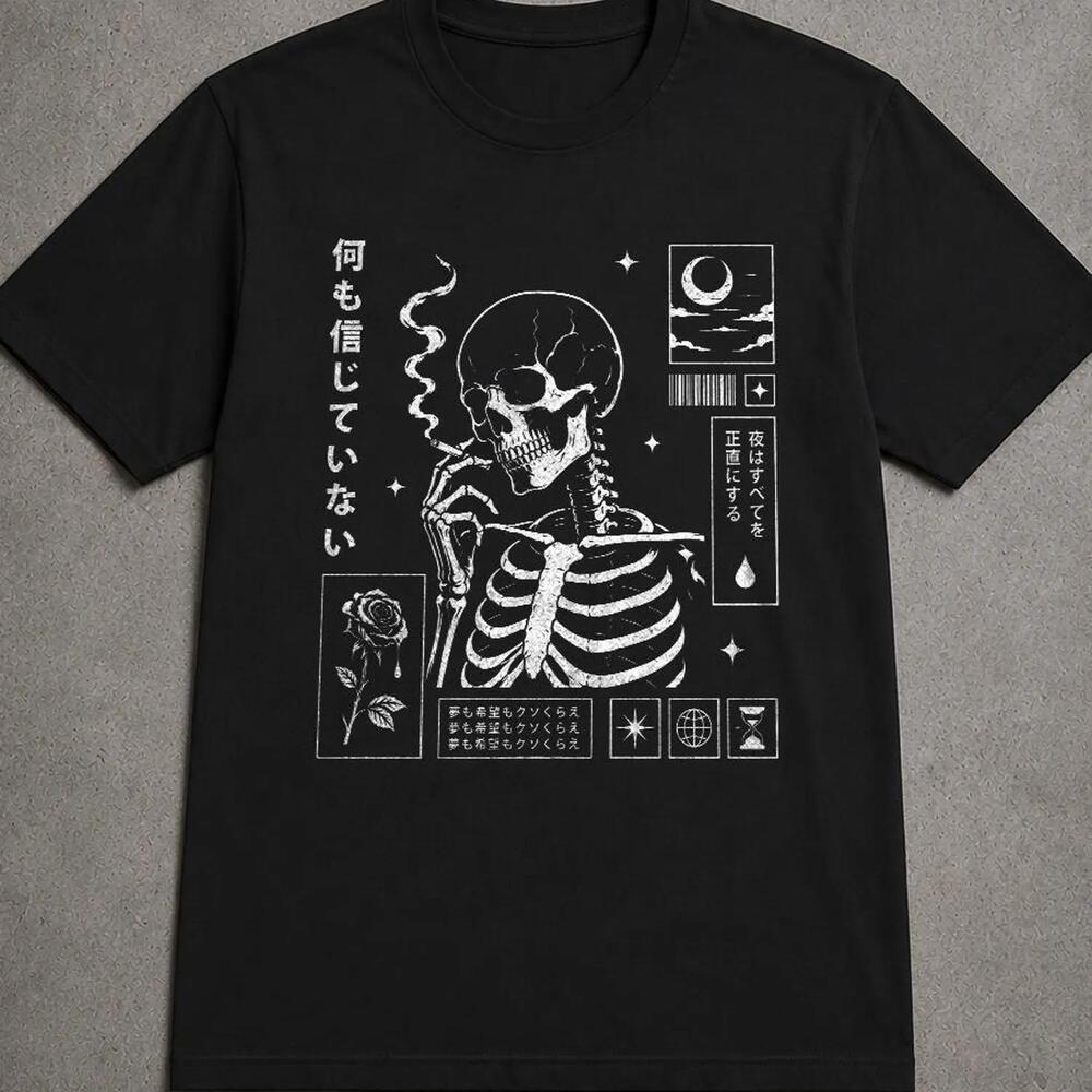 Smoking Goth Skeleton T-Shirt Funny Gothic Shirt Japanese Alternative
